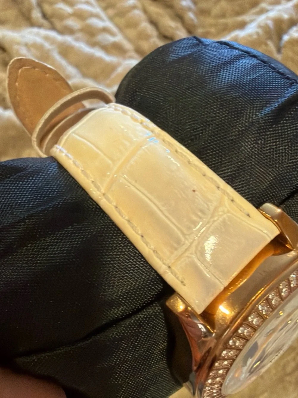 GUESS Rose Gold Watch with White Strap and Crystal Bezel